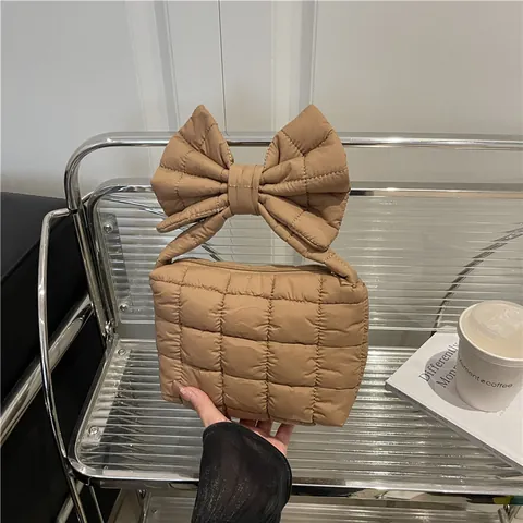 Bolso de Axila Acolchado para Mujer Decoración de Lazo Pequeño Bolso de Hombro Tela Oxford Color Sólido Moda Retro