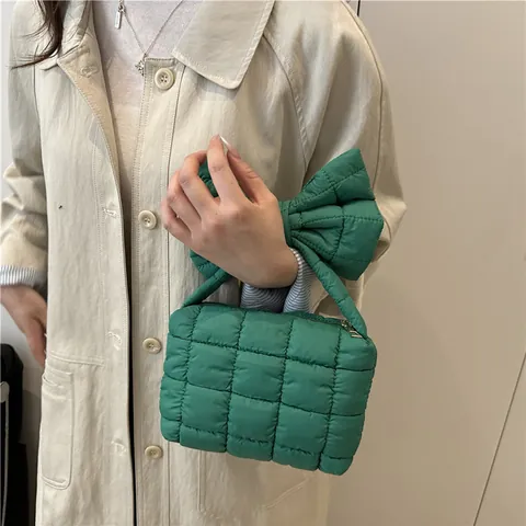 Bolso de Axila Acolchado para Mujer Decoración de Lazo Pequeño Bolso de Hombro Tela Oxford Color Sólido Moda Retro