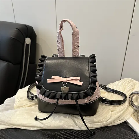 Mini Zaino da Donna in Stile Dolce Lolita Rosa Nero Colorblock Bordo con Volant Ciondolo a Cuore Fiocco Borsa da Scuola per Ragazze