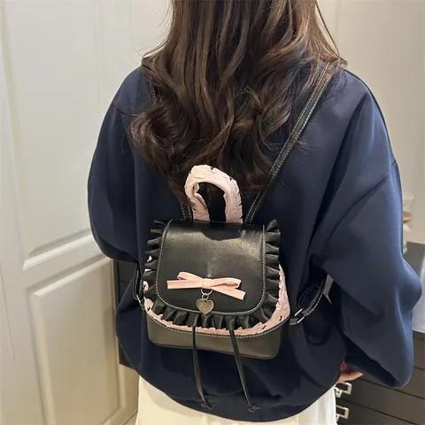 Mini Zaino da Donna in Stile Dolce Lolita Rosa Nero Colorblock Bordo con Volant Ciondolo a Cuore Fiocco Borsa da Scuola per Ragazze