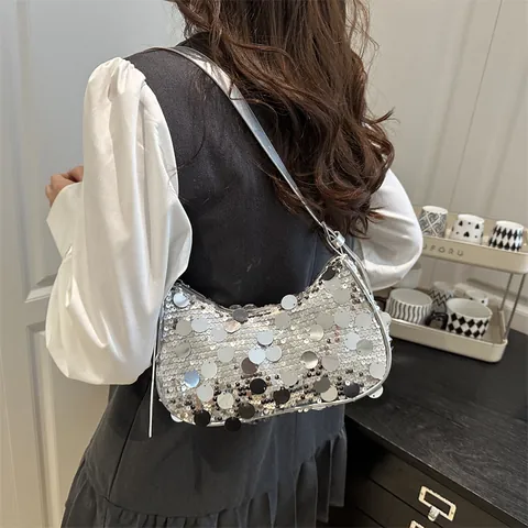 Women Large Round Sequin Shoulder Bag Fashion Y2K Party Underarm Bag PU Leather Strap Trendy Hobo Bag Shiny Evening Purse