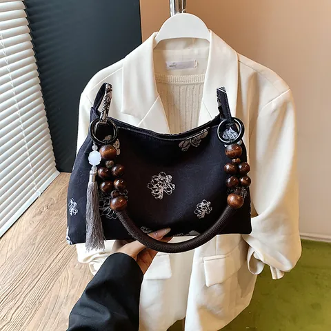 Neuer Chinesischer Stil Blumenmuster Hobo Tasche Damen Vintage Unterarm Schultertasche Mit Holzperlen Quaste Eimer Tasche