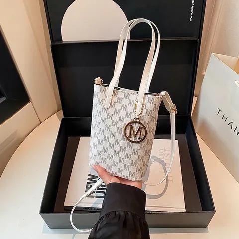 Bolso Tote Mini Retro para Mujer Monograma M Cuero PU Bolso de Hombro Colgante M de Oro Correa Ajustable Bolso de Moda