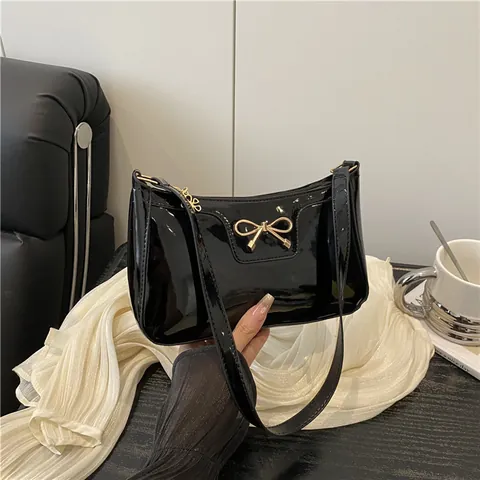 Bolso de Axila de Cuero Patente PU Brillante con Lazo de Moda para Mujer Color Sólido Bolso de Hombro de Gran Capacidad Tote