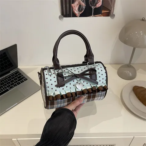 Retro Sweet Star Print Plaid Boston Handbag For Women Bow Knot Heart Pendant Ruffle Trim PU Leather Canvas Crossbody Bag