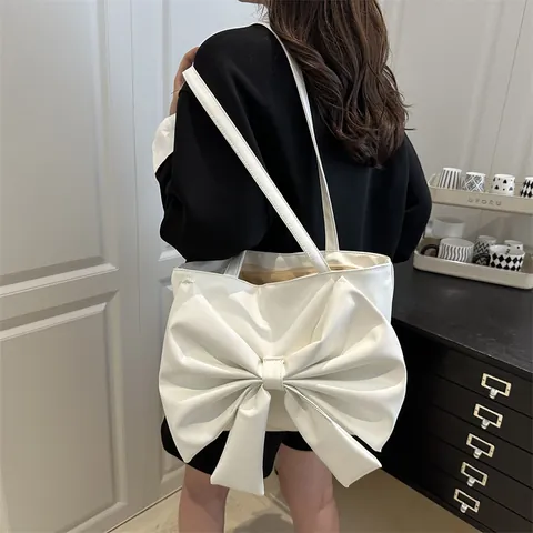 Women Fashion Large Capacity Bow Tote Bag PU Leather Korean Style Shoulder Bag For Daily Commuting Girly Niche Design Handbag