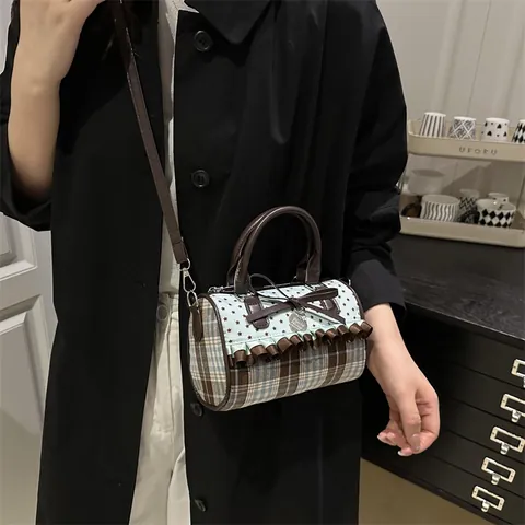 Retro Sweet Star Print Plaid Boston Handbag For Women Bow Knot Heart Pendant Ruffle Trim PU Leather Canvas Crossbody Bag