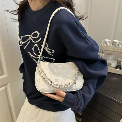 Borsa Sottobraccio in Pelle PU Trapuntata Elegante da Donna Con Catena Decorativa in Künstliche Perle Borsa a Tracolla Hobo per Pendolare