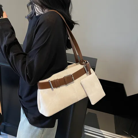 Women PU Leather Tote Shoulder Bag And Mini Pouch Vintage Belt Buckle Zipper Underarm Bag Commuting Daily Fashion Handbag