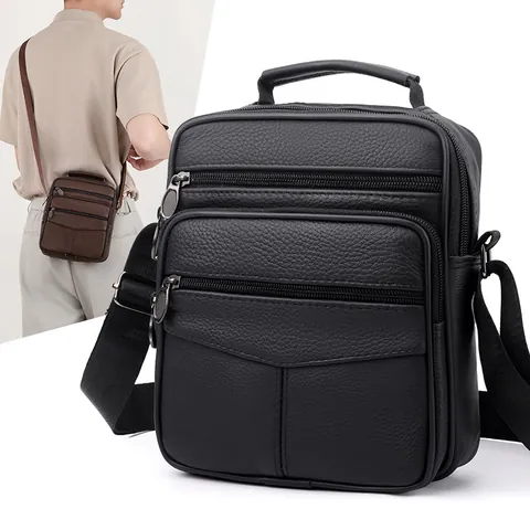 Men's Real Leather Shoulder Bag Business Casual Crossbody Bag Lychee Texture Multi-Pocket Travel Messenger Bag Handbag