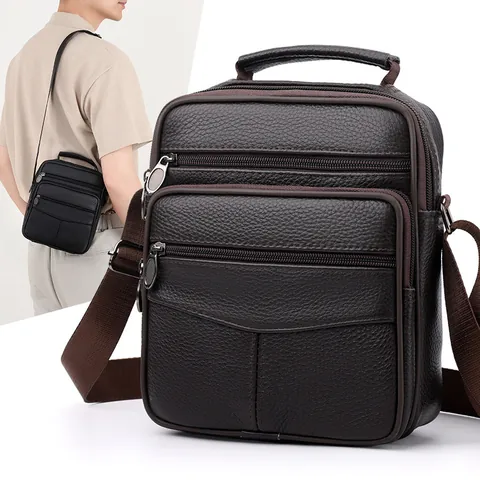 Men's Real Leather Shoulder Bag Business Casual Crossbody Bag Lychee Texture Multi-Pocket Travel Messenger Bag Handbag