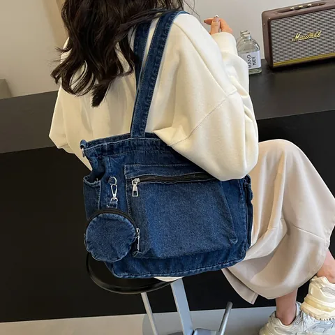 Sac Fourre-tout en Denim Lavé Vintage Pour Femmes Grande Capacité Sac à Bandoulière Avec Porte-monnaie Rond Multi-poches Décontracté