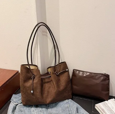 Large Capacity Suede Tote Bag Vintage Minimalist Shoulder Bag With Inner Pouch Drawstring Metal Bead Decor Handbag For Women