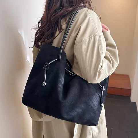 Large Capacity Suede Tote Bag Vintage Minimalist Shoulder Bag With Inner Pouch Drawstring Metal Bead Decor Handbag For Women