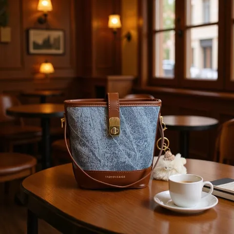 Bolso de Cubo de Retazos de Tela de Cuero PU Vintage Para Mujer Bolso de Hombro Cruzado Casual Con Colgante de Monstruo de Peluche Bolso de Moda Simple
