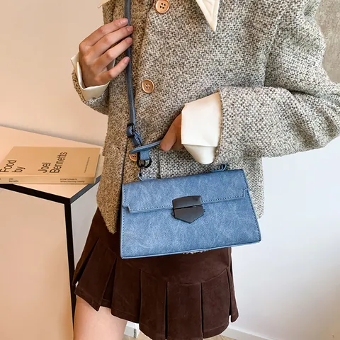 Sac Bandoulière Rétro en Cuir PU pour Femmes Petit Sac Carré Avec Serrure en Métal Motif Crocodile Texture Denim