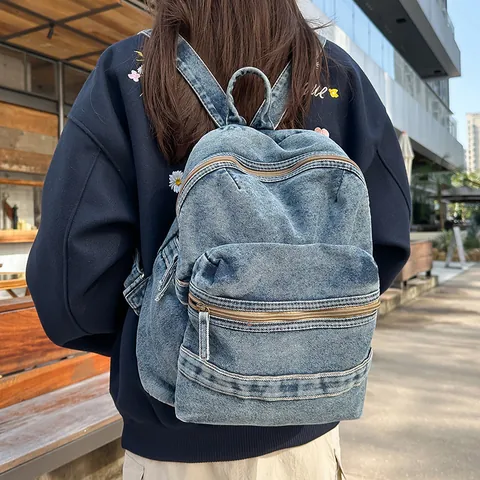 Vintage Washed Denim Backpack For Women Casual Solid Color Student School Bag Multi Pocket Large Capacity Travel Daypack