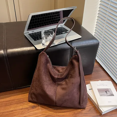 Bolso Tote De Gamuza Para Mujer Gran Capacidad Bolso De Hombro Hobo Minimalista Color Sólido Bolso De Mano Retro Con Bolsillo Exterior