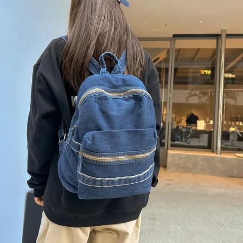 Vintage Washed Denim Backpack For Women Casual Solid Color Student School Bag Multi Pocket Large Capacity Travel Daypack
