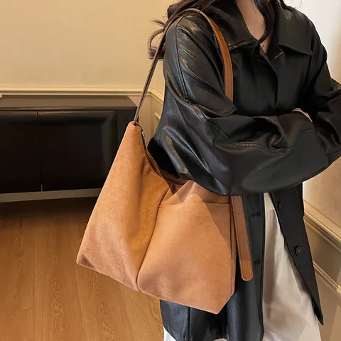 Bolso Tote De Gamuza Para Mujer Gran Capacidad Bolso De Hombro Hobo Minimalista Color Sólido Bolso De Mano Retro Con Bolsillo Exterior