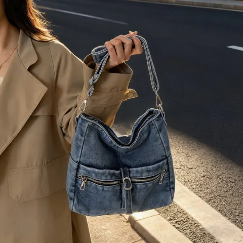Bolso Hobo de Mezclilla Lavada Vintage para Mujer Casual con Múltiples Bolsillos Bolso de Hombro Gran Capacidad Bolso Tote con Correa Ajustable