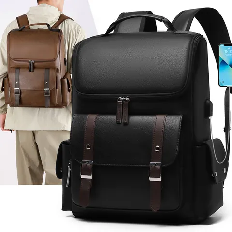 Mochila de Cuero PU Retro Británico Puerto de Carga USB Gran Capacidad Bolsa para Portátil Negocios Viaje Daypack Con Hebilla de Cinturón Para Hombres Mujeres