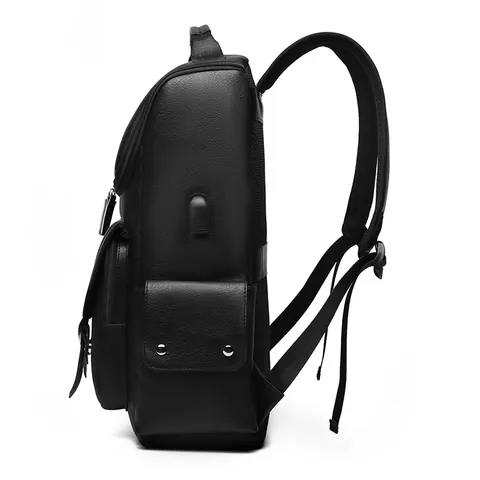 Mochila de Cuero PU Retro Británico Puerto de Carga USB Gran Capacidad Bolsa para Portátil Negocios Viaje Daypack Con Hebilla de Cinturón Para Hombres Mujeres