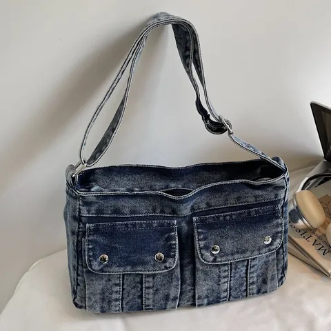 Vintage Washed Denim Crossbody Bag Large Capacity Urban Minimalist Adjustable Strap Shoulder Bag For Women Daily Work