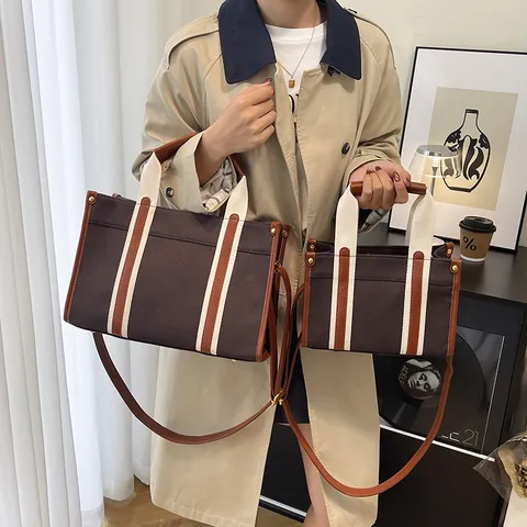 Casual Canvas Tote Bag Women Large Capacity Color Block Handbag Adjustable Strap Shoulder Crossbody Bag Commuting Travel