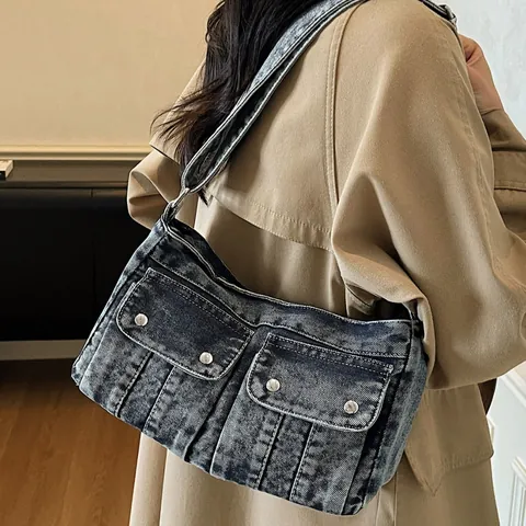 Vintage Washed Denim Crossbody Bag Large Capacity Urban Minimalist Adjustable Strap Shoulder Bag For Women Daily Work