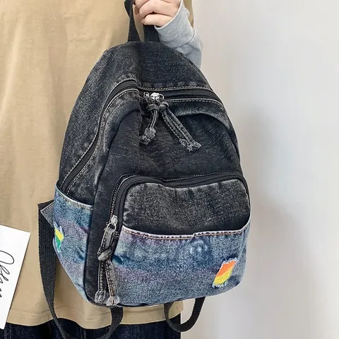 Mini Washed Denim Backpack For Women Retro Harajuku Ins Style Student School Bag Fashion Casual Small Travel Backpack With Rainbow Patch