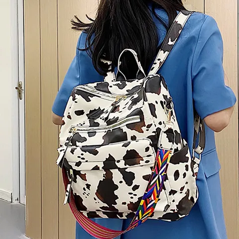 Large Capacity PU Leather Backpack With Colorful Woven Strap Cow Zebra Print Casual Travel School Bag For Women