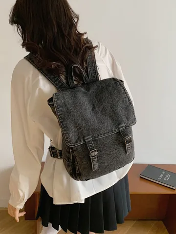 Vintage Washed Denim Backpack Large Capacity Unisex Travel School Bag Drawstring Flip Cover Casual Fashion Daypack