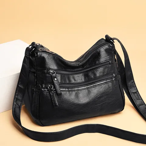 Women Soft PU Leather Shoulder Crossbody Bag Large Capacity Multi Pocket Casual Travel Mother Handbag With Adjustable Strap
