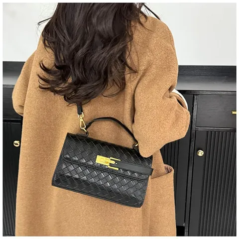 Vintage Woven PU Leather Handbag For Women Metal Lock Flap Square Crossbody Bag Minimalist Elegant Shoulder Bag