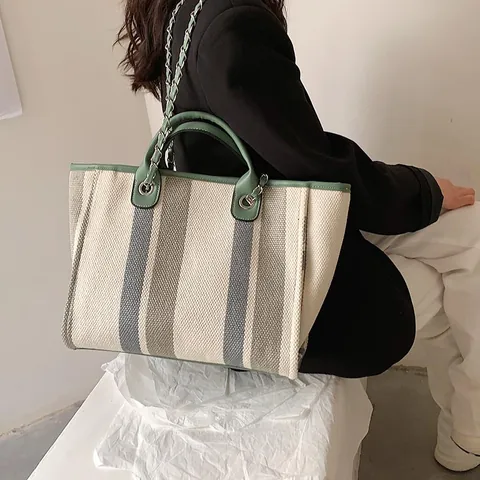 Damen Große Kapazität Gestreifte Leinwand Tragetasche Mit Kette Mode Koreanischen Stil Schultertasche Für Den Täglichen Pendelverkehr
