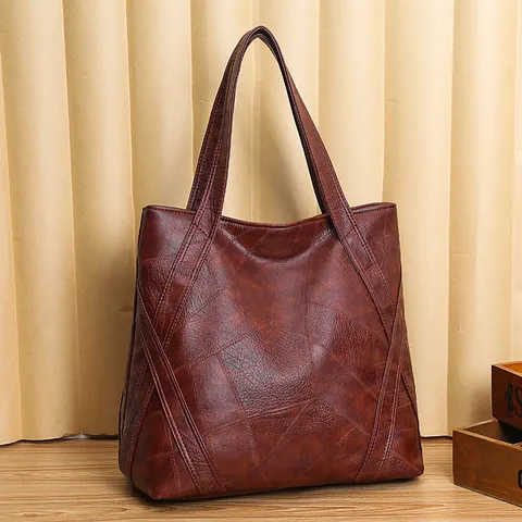 Damen Vintage PU Leder Große Kapazität Tote Tasche Geometrische Patchwork Schultertasche Lässig Täglich Arbeit Handtasche