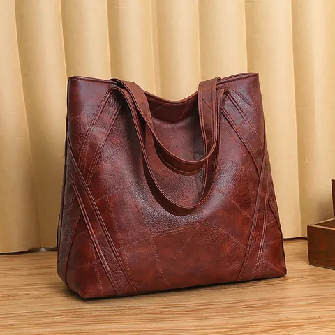 Damen Vintage PU Leder Große Kapazität Tote Tasche Geometrische Patchwork Schultertasche Lässig Täglich Arbeit Handtasche