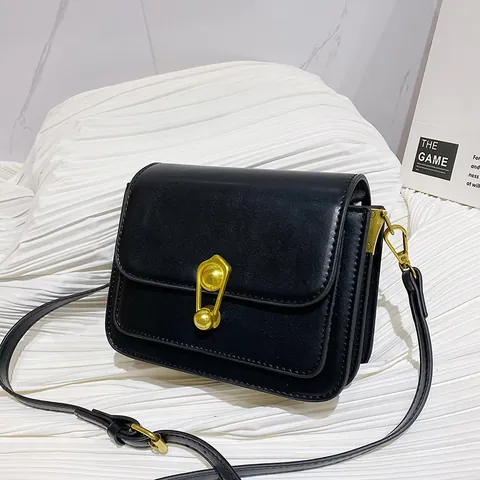 Vintage PU Leather Small Square Crossbody Bag For Women With Gold Safety Pin Lock And Dog Pendant Casual Shoulder Bag
