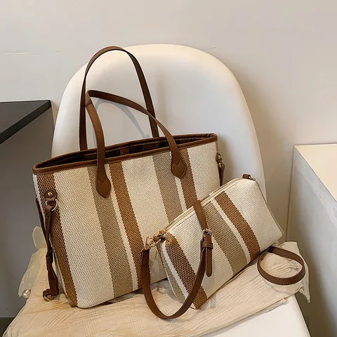 Mode Gestreifte Leinwand Einkaufstasche Für Damen Große Kapazität Lässige Umhängetasche Pendeltasche Mit Kleiner Tasche Set