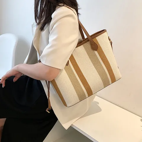 Mode Gestreifte Leinwand Einkaufstasche Für Damen Große Kapazität Lässige Umhängetasche Pendeltasche Mit Kleiner Tasche Set