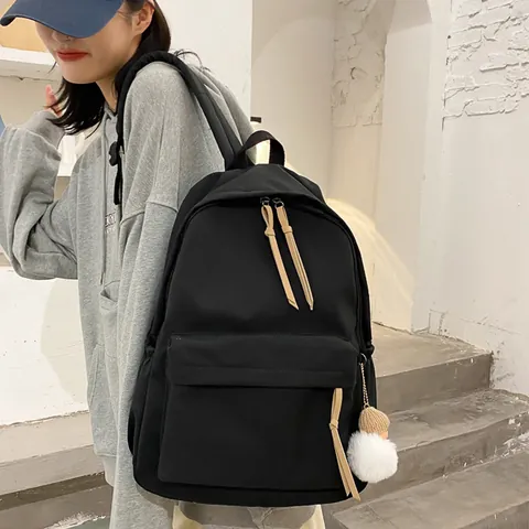 Vrouwen Grote Capaciteit Schoolrugzak Waterdicht Nylon Canvas Effen Kleur Student Boekentas Met Pluche Hanger Koreaanse Stijl