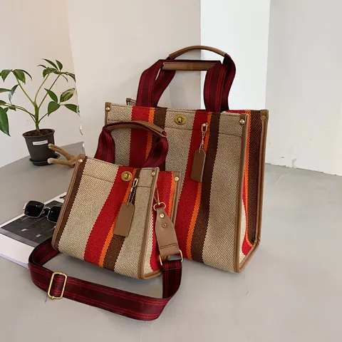 Women Striped Canvas Tote Handbag Vertical Pattern Vintage Shoulder Bag With Leather Trim And Metal Twist Lock