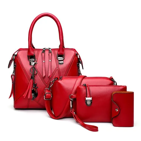Women PU Leather Handbag Crossbody Bag Clutch And Wallet Set Tassel Cat Pendant European Retro Fashion Shoulder Bag