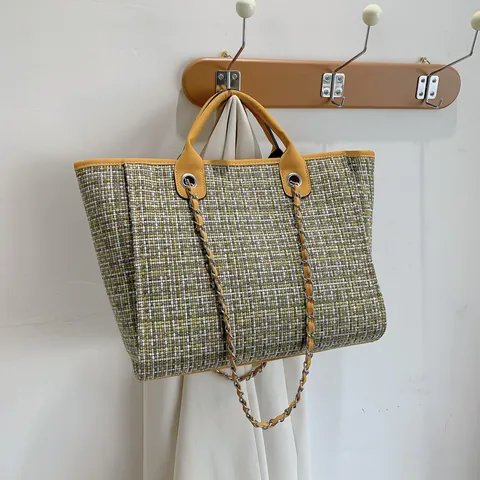 Grand Sac Fourre-Tout en Tweed pour Femmes Sac à Main Coréen à Carreaux Avec Chaîne Sac à Bandoulière pour Trajets Quotidiens Sac de Voyage