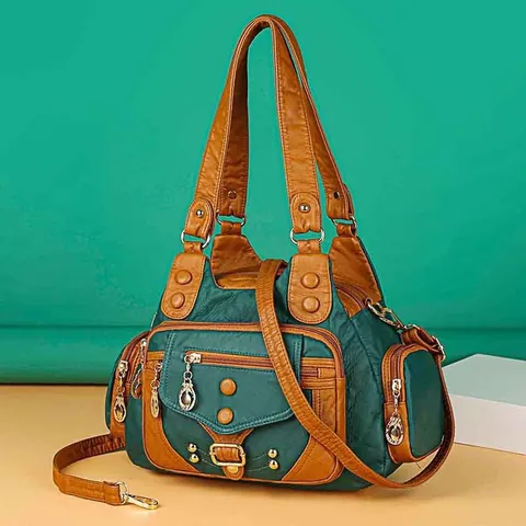 Borsa da Donna in Pelle PU Vintage Europea Multitasche Grande Capacità Borsa a Tracolla Con Rivetti e Tracolla Regolabile