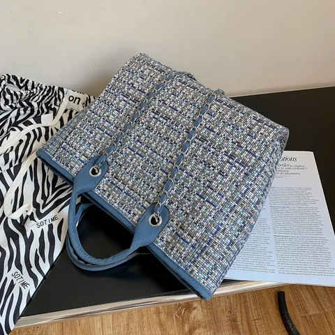 Grand Sac Fourre-Tout en Tweed pour Femmes Sac à Main Coréen à Carreaux Avec Chaîne Sac à Bandoulière pour Trajets Quotidiens Sac de Voyage