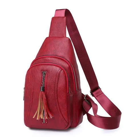 Damen Vintage PU Leder Brusttasche Mit Quaste Externes Kopfhörerloch Mehrere Reißverschlussfächer Lässige Sling Tasche Für Reisen