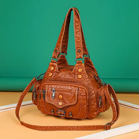 Women Retro Shoulder Bag Washed PU Leather Multi-pocket Crossbody Handbag With Rivets Large Capacity Casual