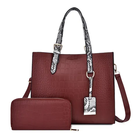 Set di Borse Tote da Donna 2 Pezzi in Pelle PU con Motivo a Coccodrillo Manico in Trama di Serpente Borsa a Tracolla con Portafoglio